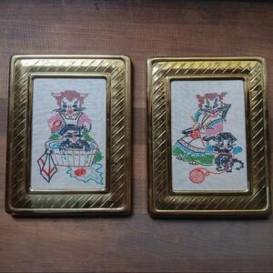 Pair Vtg MCM Kitty Cat Cross Stitch Solid Brass Frames Kitsch Embroidered Art